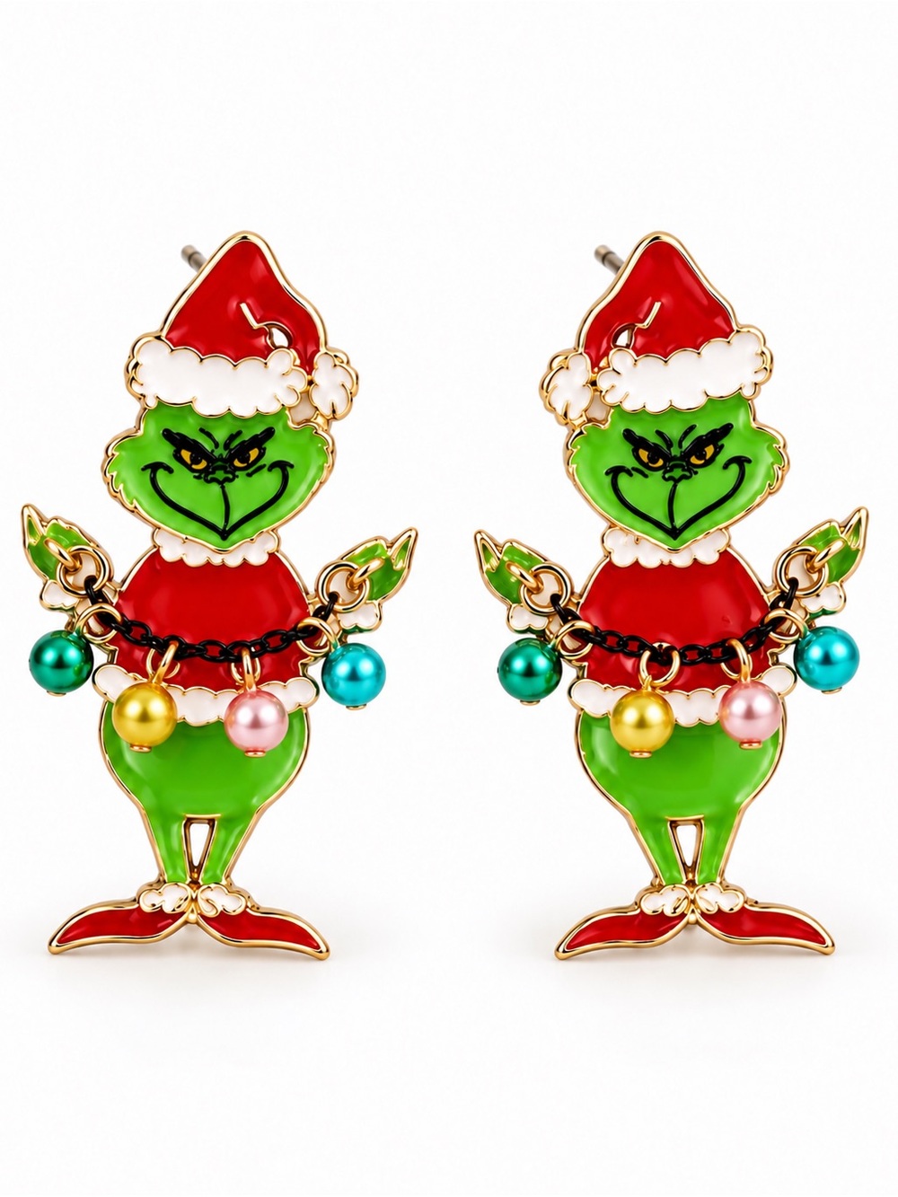 Grinch Who Stole Christmas Pearl Lights Red Santa Claus Hat Enamel 2" Earrings